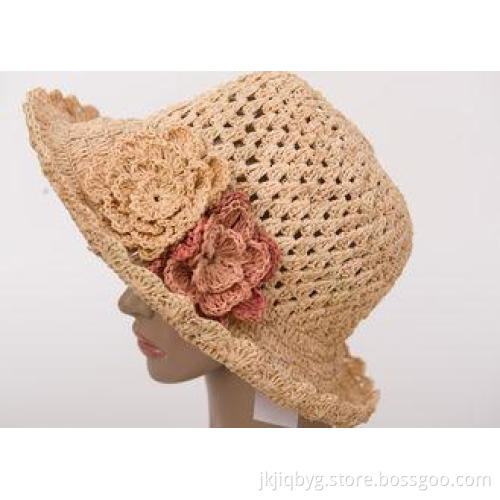 Natural 10cm Brim Raffia Sun Hats / Hollow Out Beige Croche